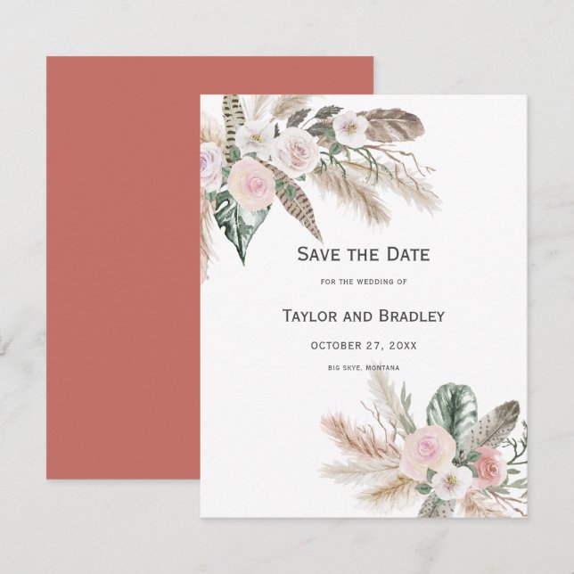 Tropical Floral Pampas Grass, Feathers, Rustic | I Save The Date (Front/Back)