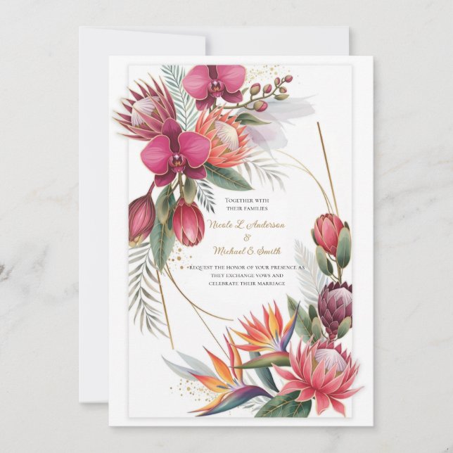 Tropical Floral Paradise Botanical Gold Wedding  Invitation (Front)