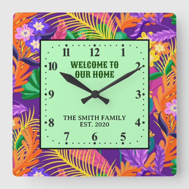 Tropical Floral Pattern Custom Text-23148 Square Wall Clock (Front)