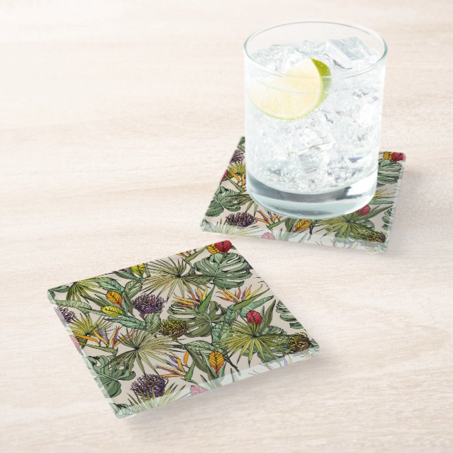 Tropical Floral Pattern Glass Coaster (Angled)