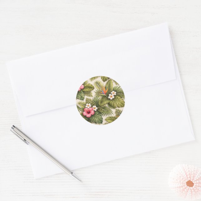 Tropical Floral Pattern – Hibiscus, Monstera  Classic Round Sticker (Envelope)