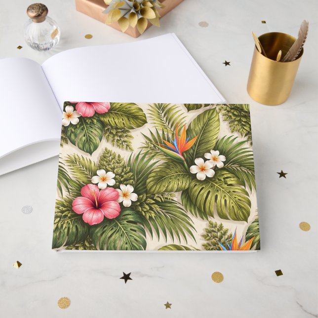Tropical Floral Pattern – Hibiscus, Monstera  Guest Book (Front Open)