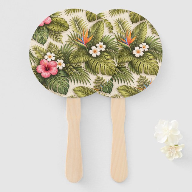 Tropical Floral Pattern – Hibiscus, Monstera  Hand Fan (Front and Back)