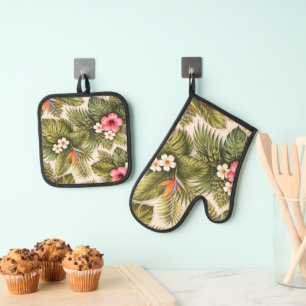Tropical Floral Pattern – Hibiscus, Monstera Oven Mitt & Pot Holder Set