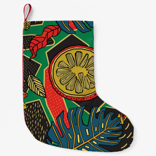 Tropical floral pattern in doodle style with fruit small christmas stocking (Front)