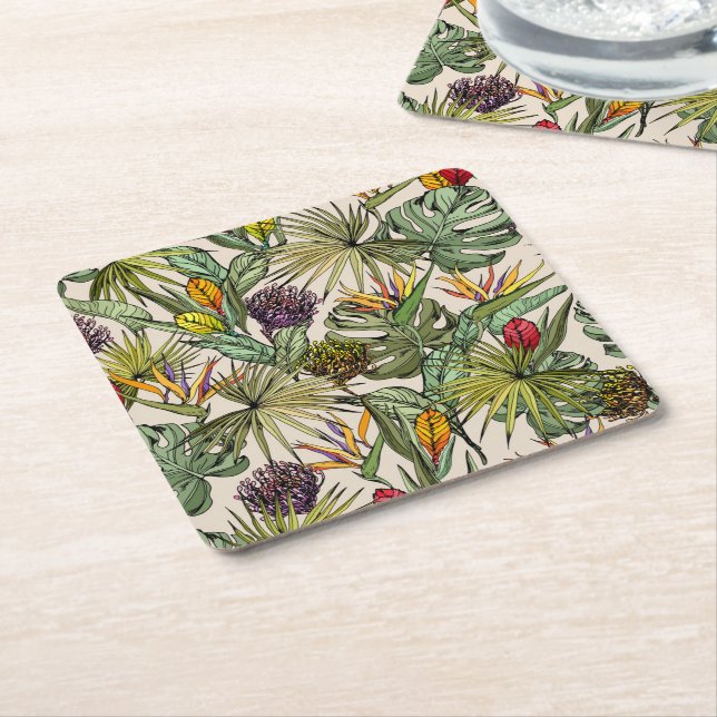 Tropical Floral Pattern Square Paper Coaster (Angled)