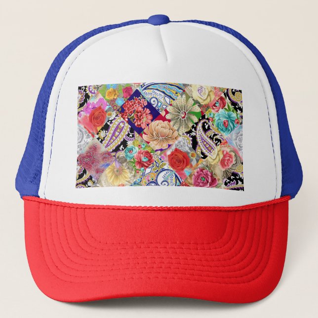 Tropical floral pattern, vibrant colours. trucker hat (Front)