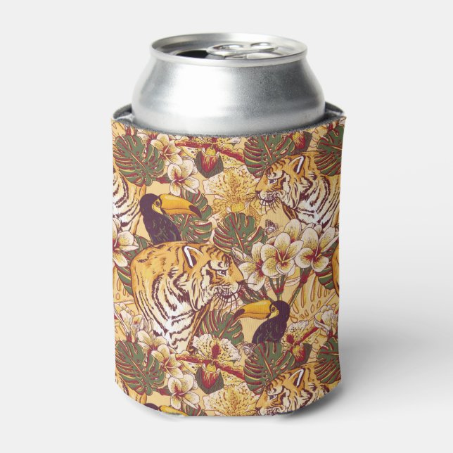 Tropical Floral Pattern With Tiger Can Cooler (Can Front)
