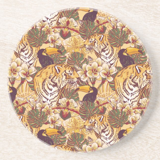 Tropical Floral Pattern With Tiger Coaster (Front)
