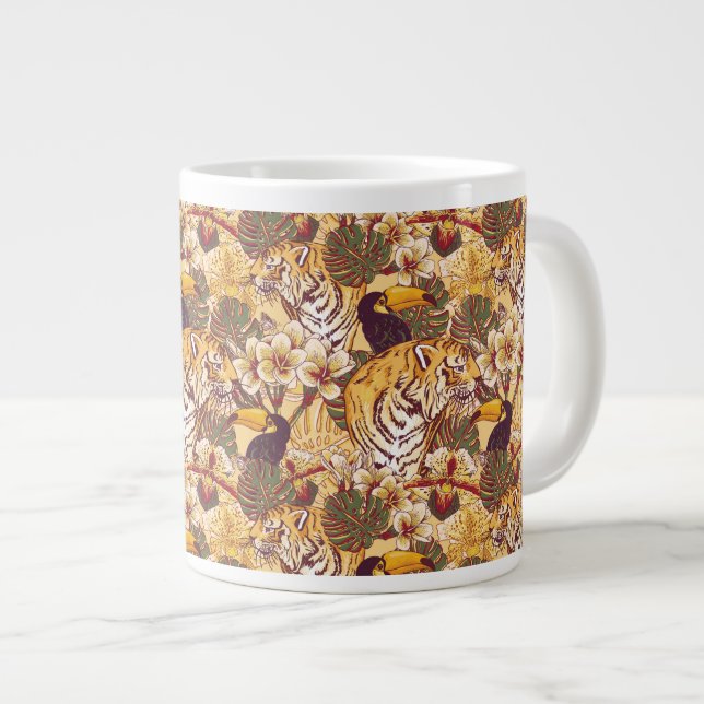 Tropical Floral Pattern With Tiger Large Coffee Mug (Front Right)