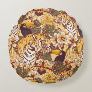 Tropical Floral Pattern With Tiger Round Cushion