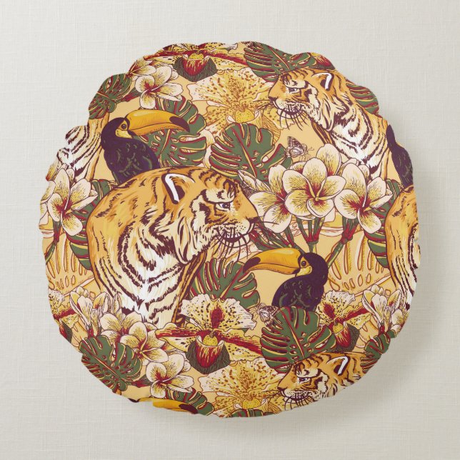 Tropical Floral Pattern With Tiger Round Cushion (Front)