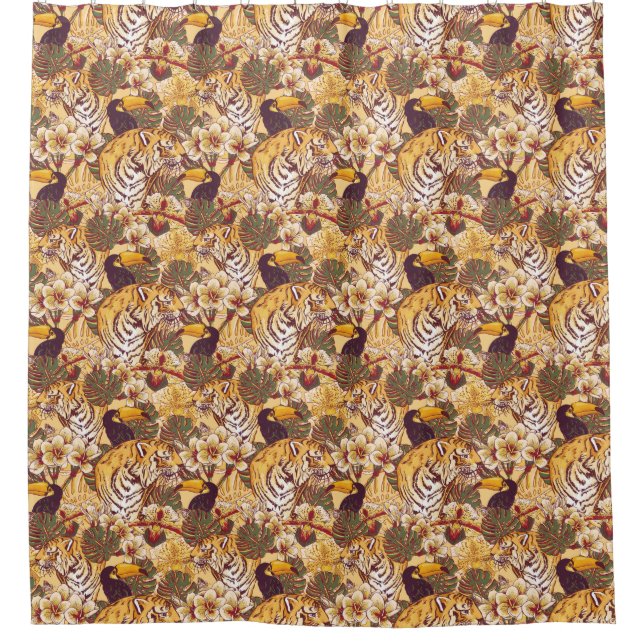 Tropical Floral Pattern With Tiger Shower Curtain (Front)