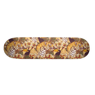 Tropical Floral Pattern With Tiger Skateboard