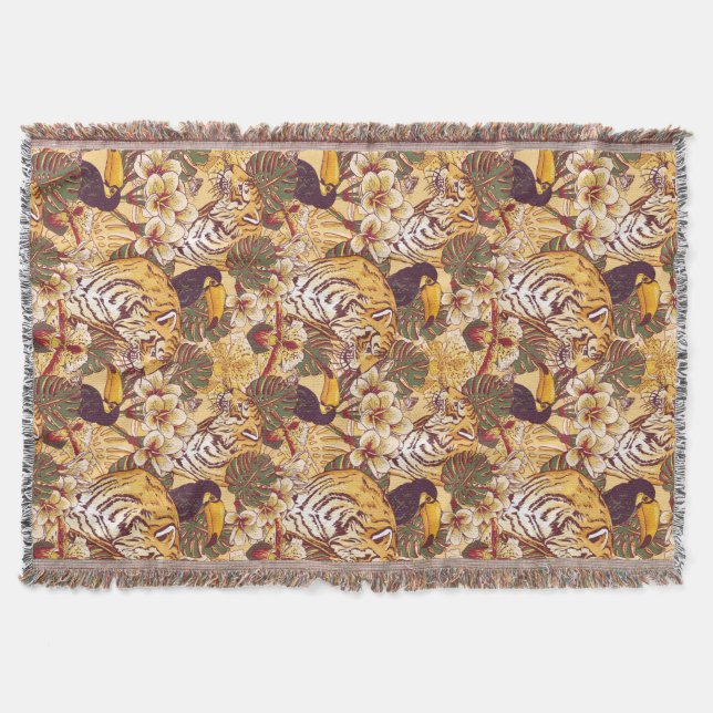 Tropical Floral Pattern With Tiger Throw Blanket (Front)