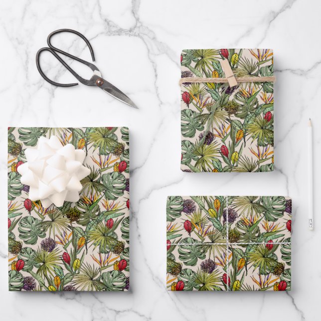 Tropical Floral Pattern Wrapping Paper Sheet (Front)