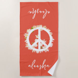 Tropical Floral Peace Sign Personalised Orange Beach Towel