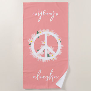 Tropical Floral Peace Sign Personalised Peach Beach Towel