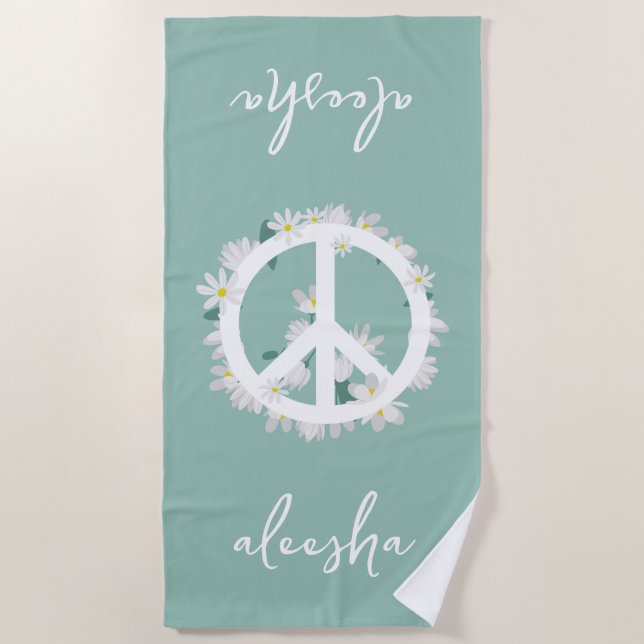 Tropical Floral Peace Sign Personalised Sea Green Beach Towel (Front)