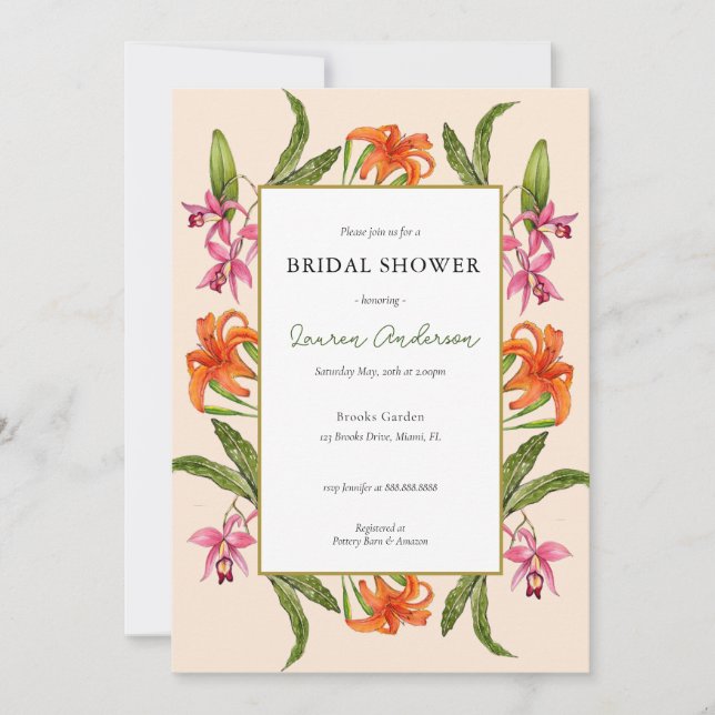  Tropical Floral Peach and white Bridal shower  Invitation (Front)