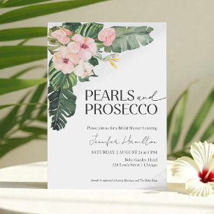  Tropical Floral Pearls and Prosecco Bridal Shower Invitation