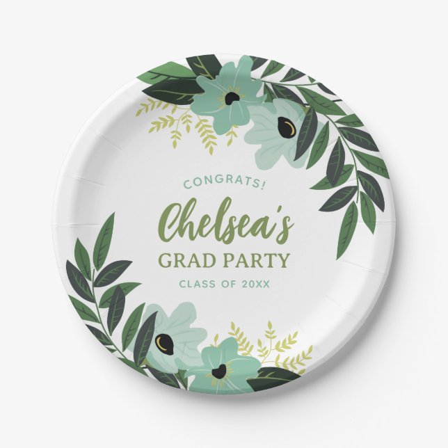 Tropical Floral Personalised Grad Party Paper Plate (Front)