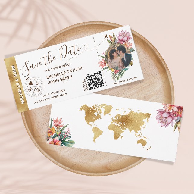Tropical Floral Photo Boarding Pass Map QR Code Invitation (Creator Uploaded)