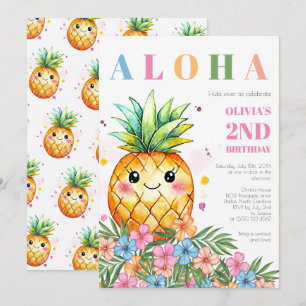 Tropical Floral Pineapple Aloha 2nd Birthday Party Invitation