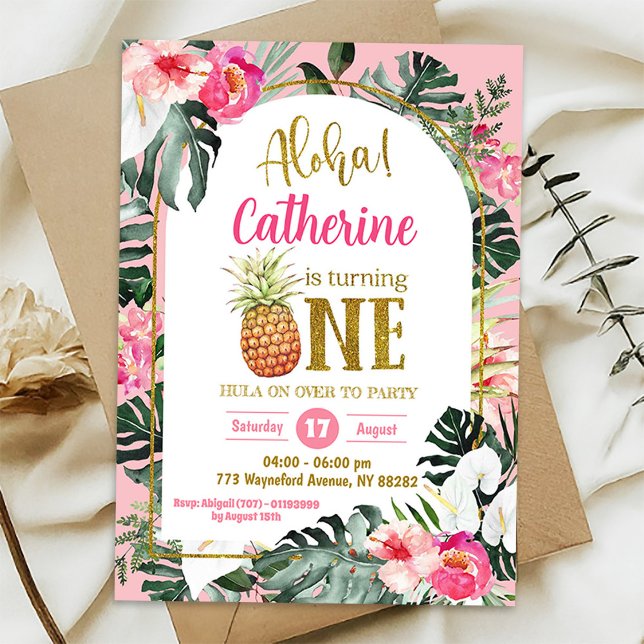 Tropical Floral Pineapple Aloha First Birthday Invitation (Creator Uploaded)