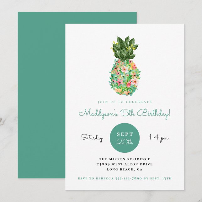 Tropical Floral Pineapple Birthday Invitation (Front/Back)