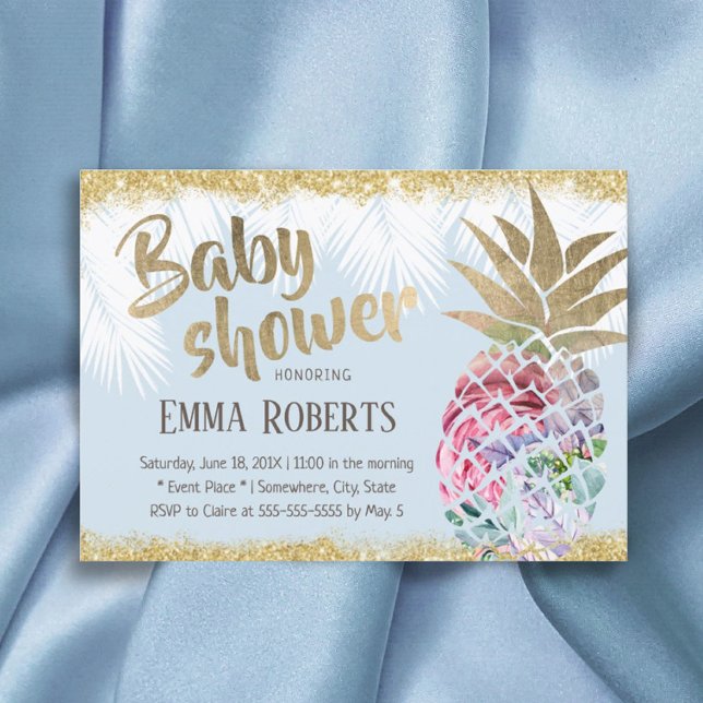 Tropical Floral Pineapple Gold Glitter Baby Shower Invitation (Creator Uploaded)
