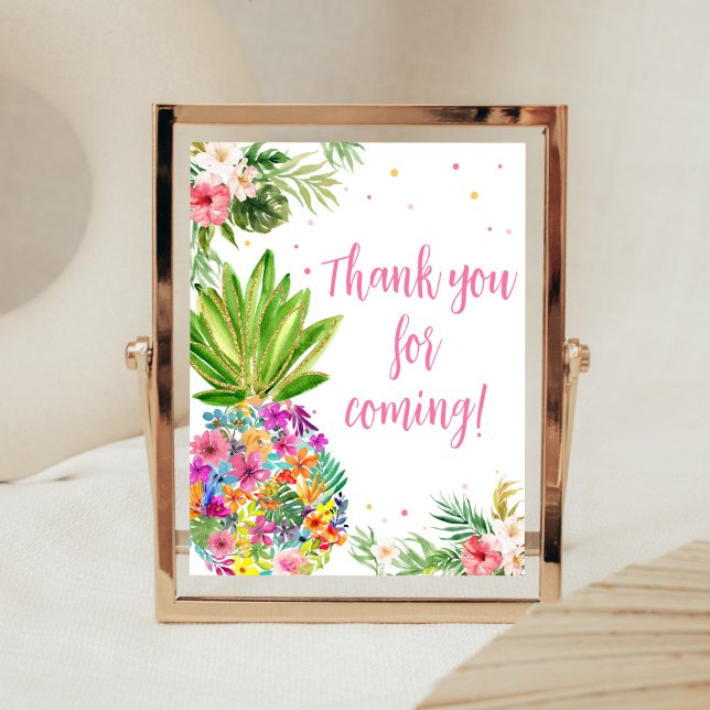Tropical Floral Pineapple Thank You for Coming Poster (Aloha Pineapple Baby Shower Thank You for Coming Sign)