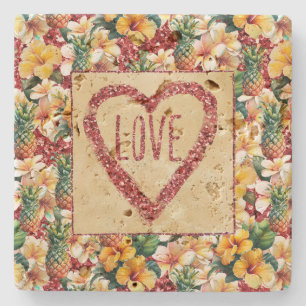 Tropical Floral Pineapples Red Glitter Love Heart Stone Coaster