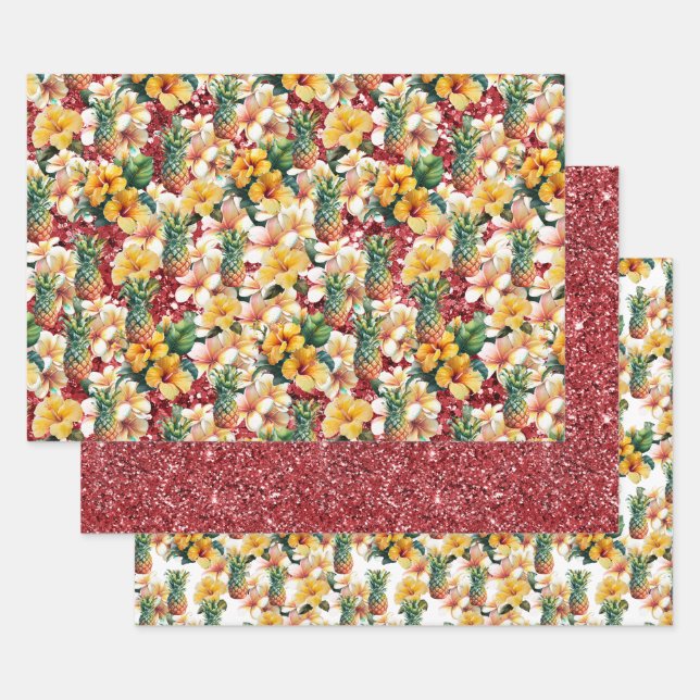 Tropical Floral Pineapples Red Glitter  Wrapping Paper Sheet (Set)