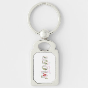 Tropical Floral Pink and Green Monogram Mum Key Ring