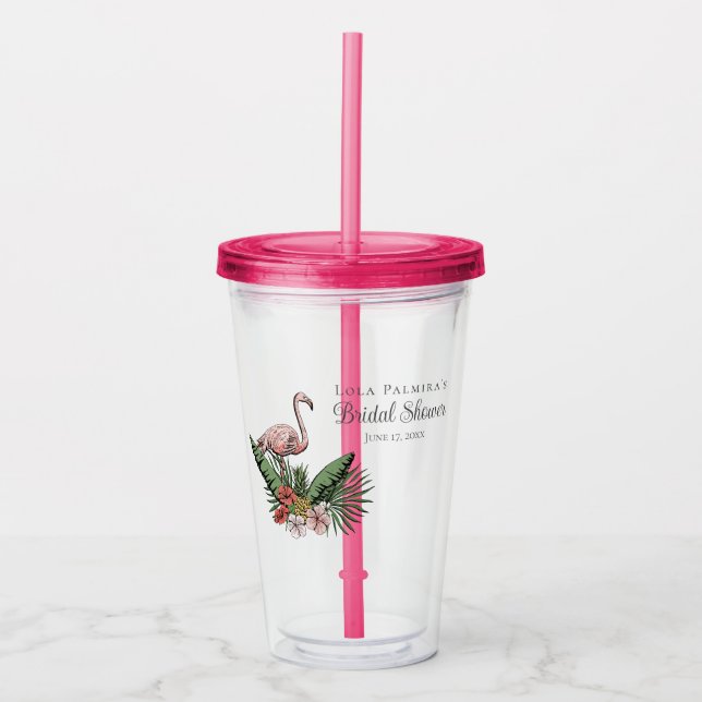 Tropical Floral Pink Flamingo Bridal Shower Acrylic Tumbler (Front)