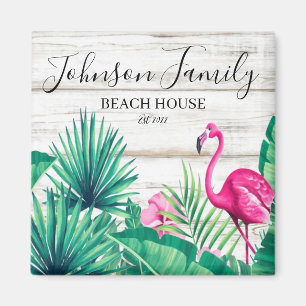 Tropical Floral Pink Flamingo Family Name Beach Magnet
