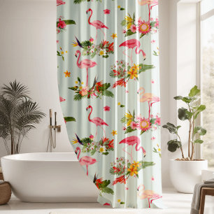 Tropical Floral Pink Flamingos Shower Curtain
