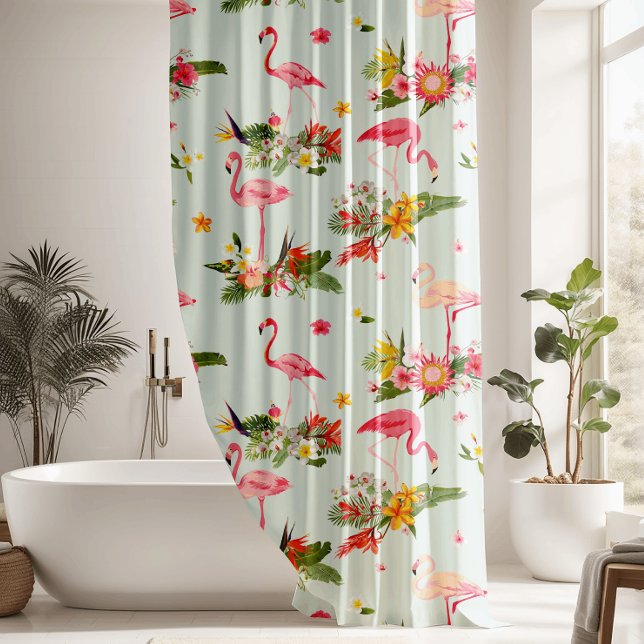 Tropical Floral Pink Flamingos Shower Curtain (Creator Uploaded)