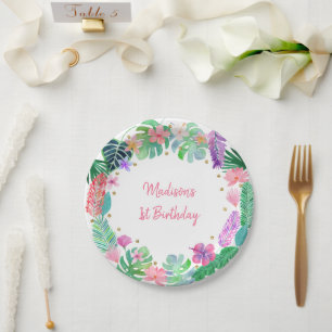 Tropical Floral Pink Gold Birthday Paper Plate