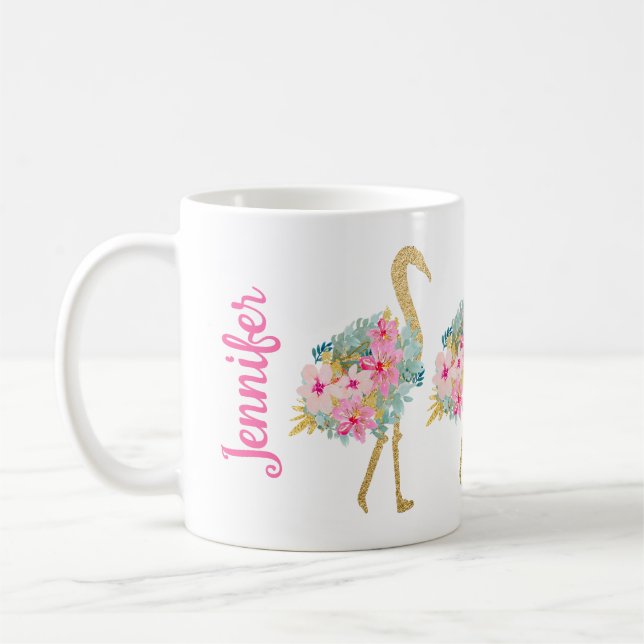 Tropical Floral Pink Green and Gold Flamingos Coffee Mug (Left)