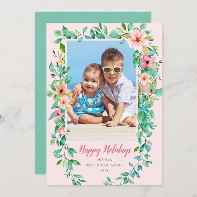 Tropical Floral Pink & Green Photo Holiday Card (Front/Back)