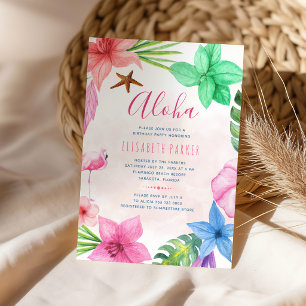 Tropical floral pink Hawaiian luau birthday party Invitation