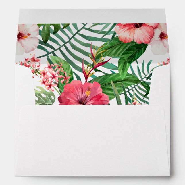 Tropical Floral Pink Hibiscus Green Palm Wedding Envelope (Back (Bottom))