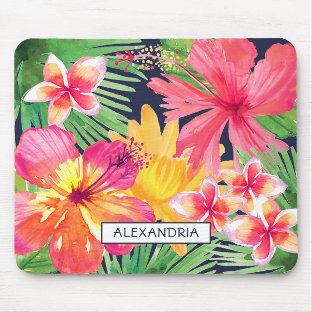 Tropical Floral Pink Hibiscus Plumeria Navy Custom Mouse Pad (Front)
