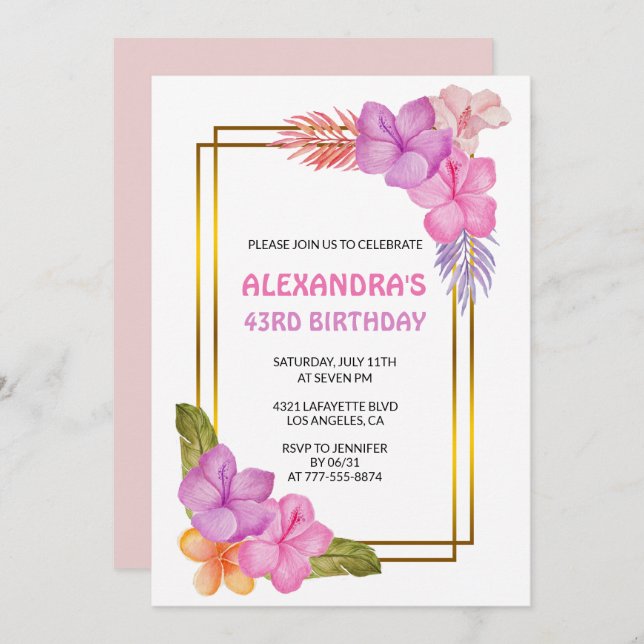 Tropical Floral Pink Luxury 43rd birthday Invitation (Front/Back)
