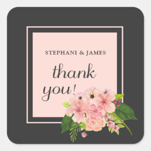 Tropical Floral Pink & Peach Thank You Square Sticker