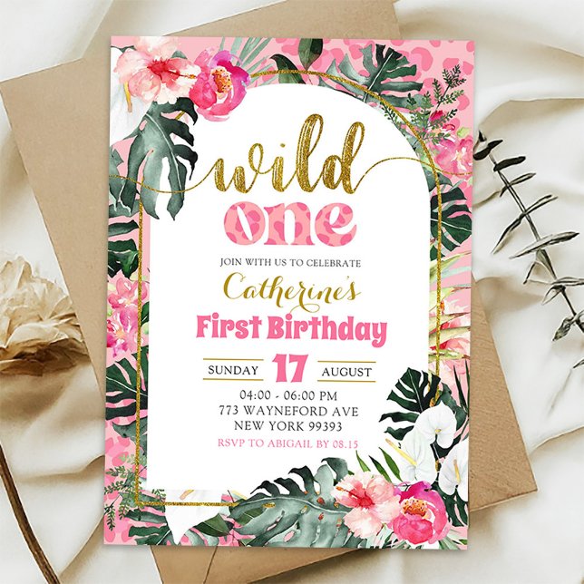 Tropical Floral Pink Wild One First Birthday Invitation (Creator Uploaded)