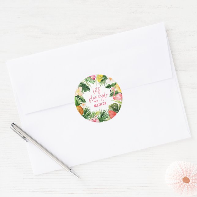 tropical floral pink yellow flamingo stylish classic round sticker (Envelope)
