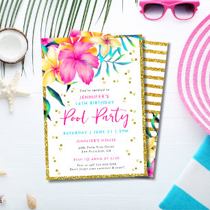 Tropical Floral Pool Party Birthday Invitation